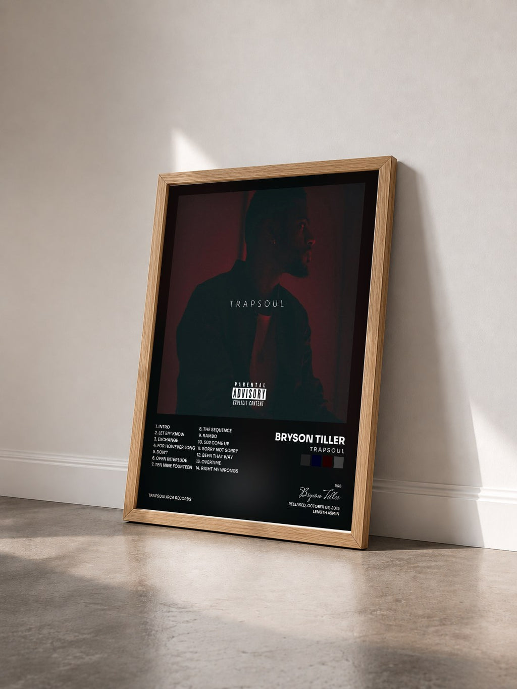 #bois Tableau de l'album T R A P S O U L de Bryson Tiller vu de trois quarts, cadre en bois brut