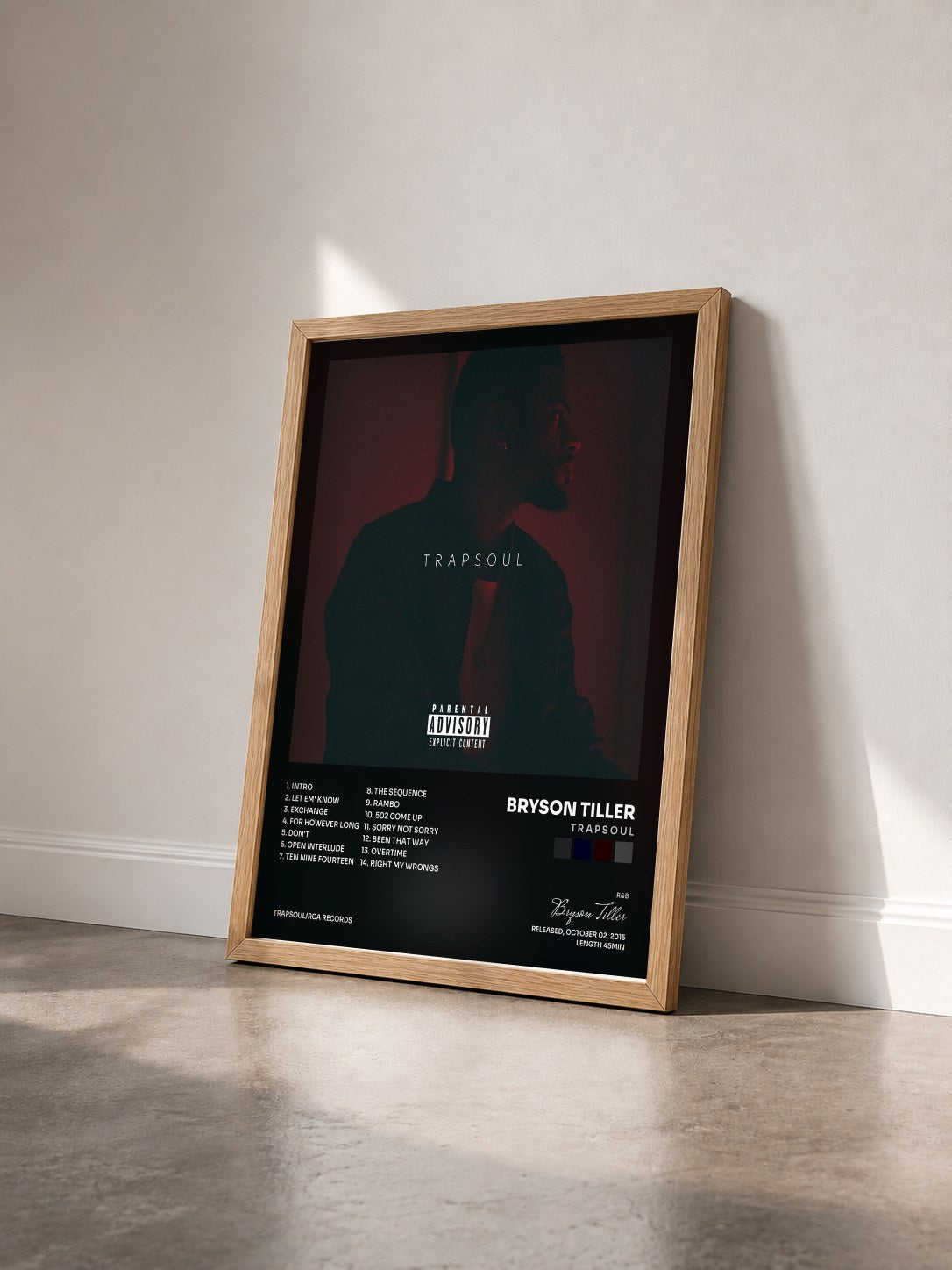 #bois Tableau de l'album T R A P S O U L de Bryson Tiller vu de trois quarts, cadre en bois brut