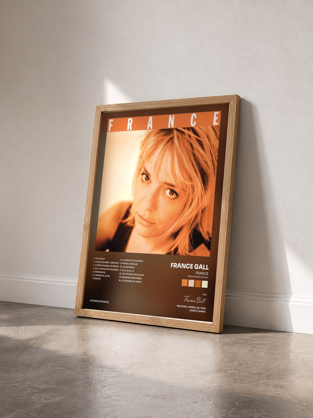 #bois Tableau de l'album France (Remasterisé en 2004) de France Gall vu de trois quarts, cadre en bois brut