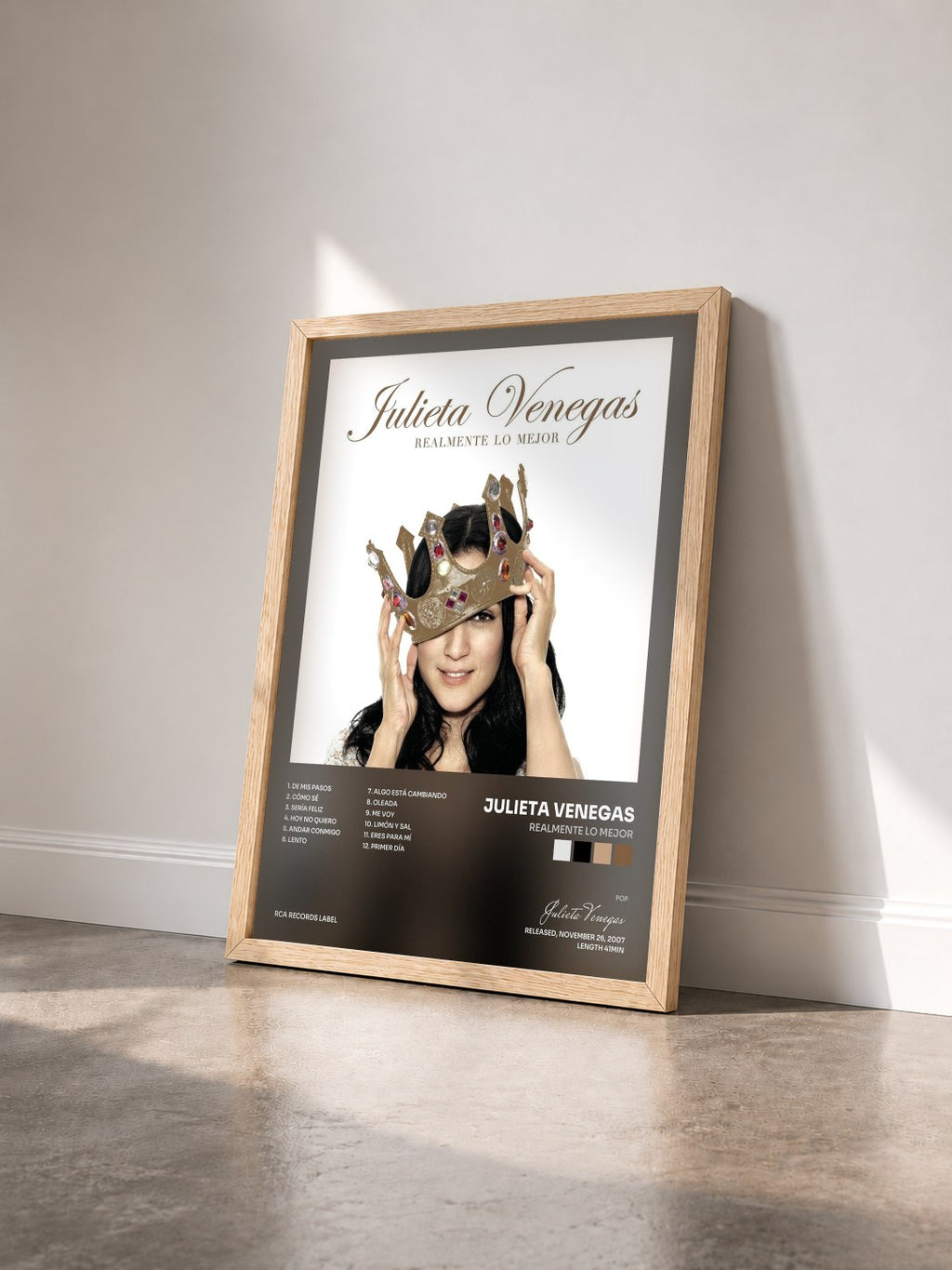 #bois Tableau de l'album Realmente Lo Mejor de Julieta Venegas vu de trois quarts, cadre en bois brut