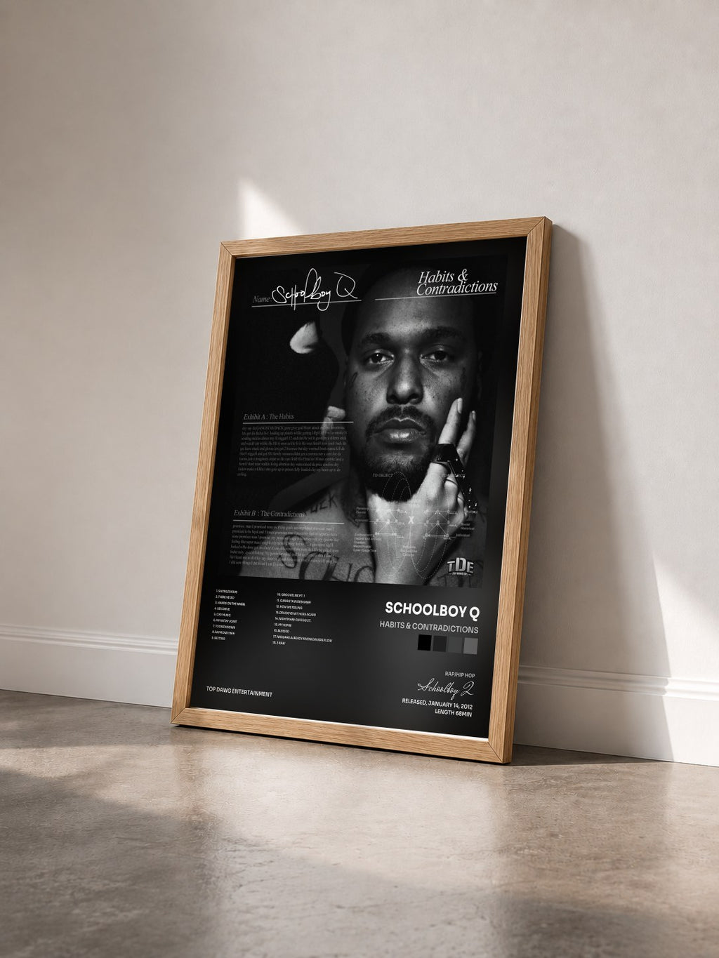#bois Tableau de l'album Habits & Contradictions de Schoolboy Q vu de trois quarts, cadre en bois brut