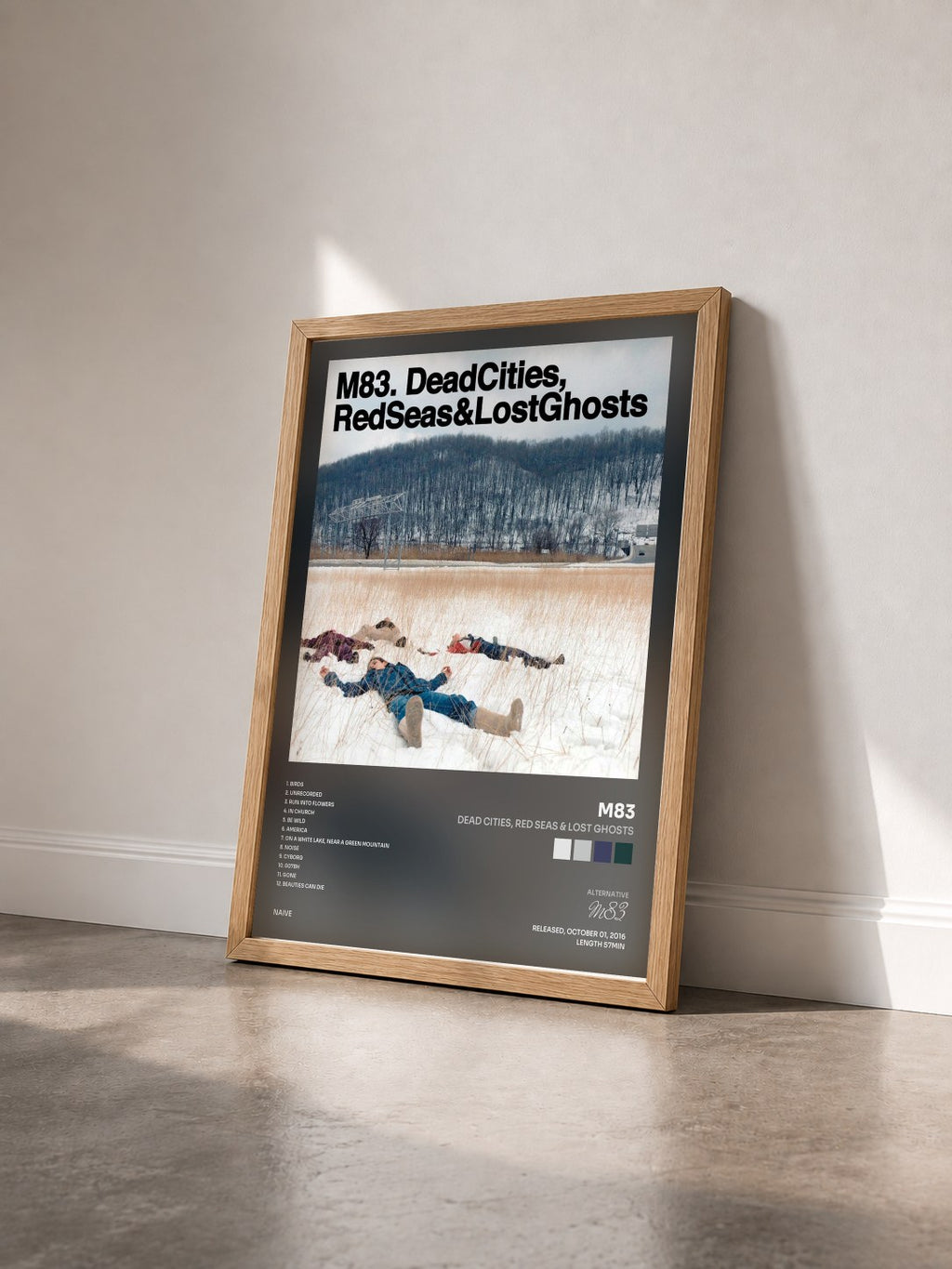 #bois Tableau de l'album Dead Cities, Red Seas & Lost Ghosts de M83 vu de trois quarts, cadre en bois brut