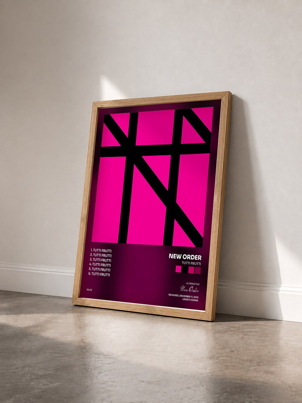 #bois Tableau de l'album Tutti Frutti de New Order vu de trois quarts, cadre en bois brut