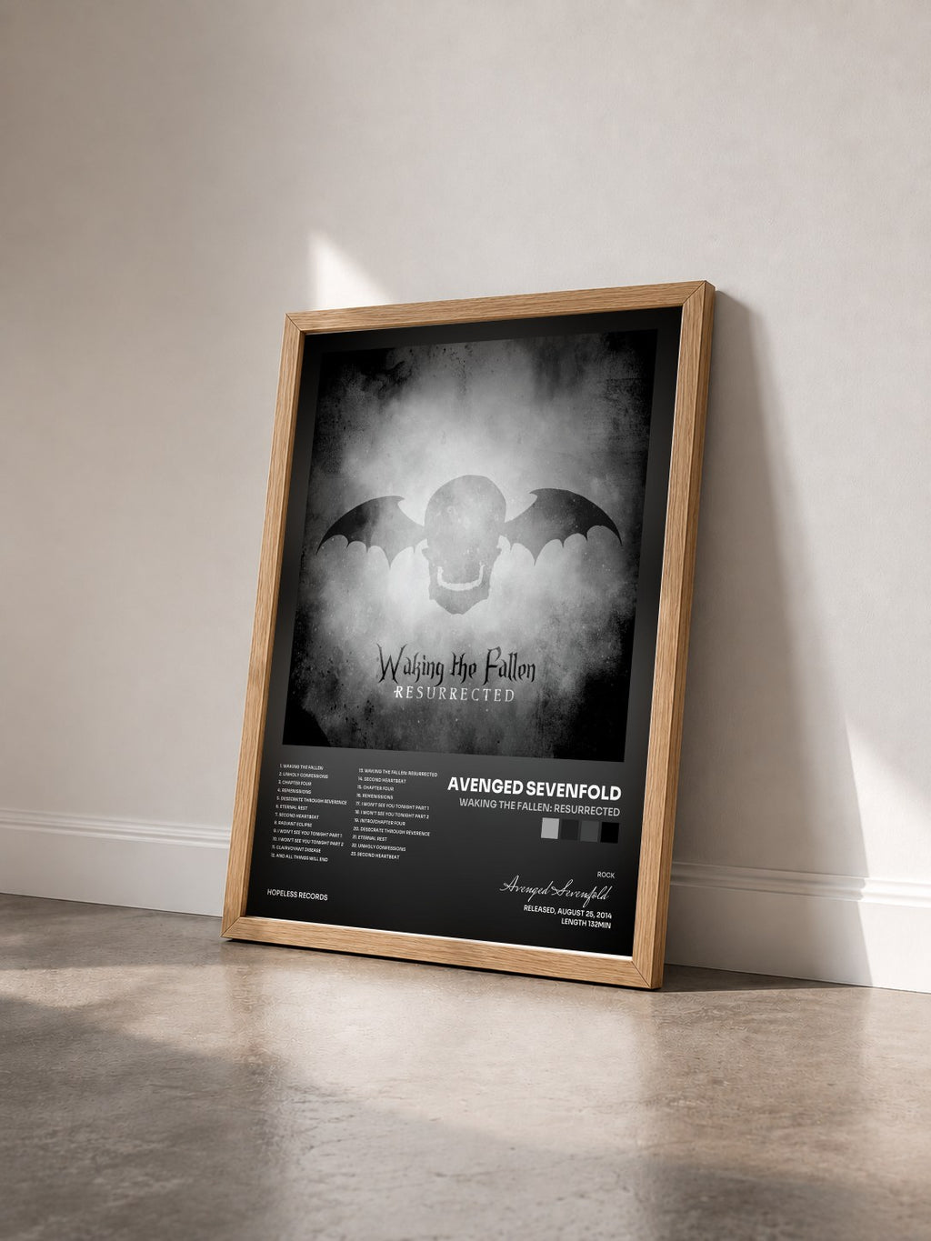 #bois Tableau de l'album Waking The Fallen: Resurrected de Avenged Sevenfold vu de trois quarts, cadre en bois brut