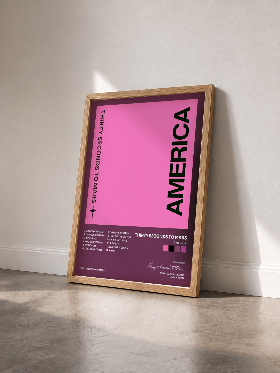 #bois Tableau de l'album America de Thirty Seconds to Mars vu de trois quarts, cadre en bois brut