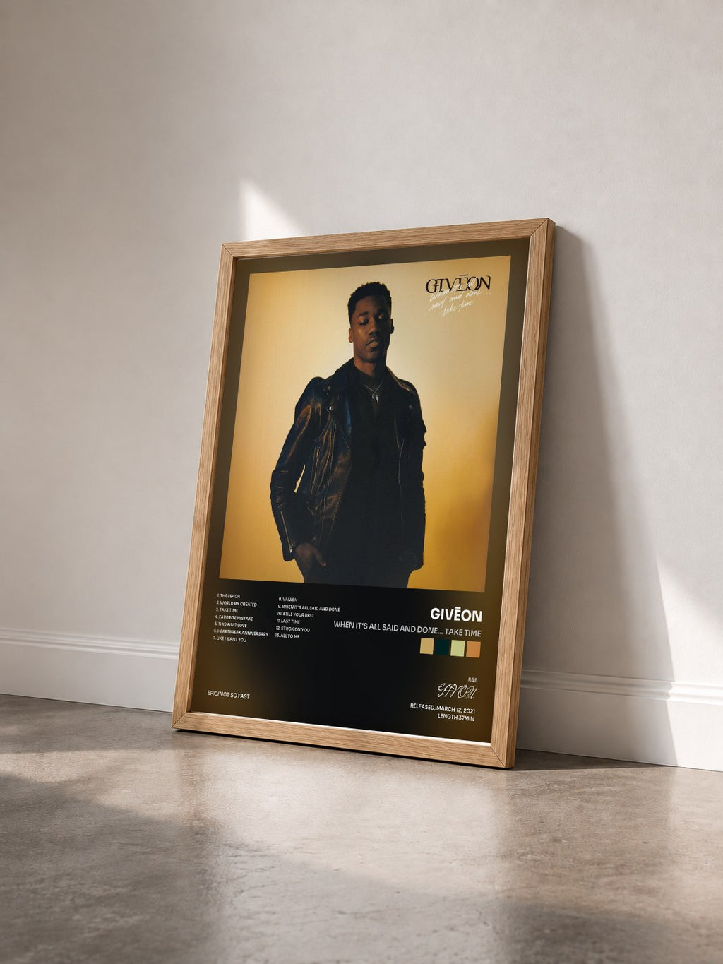 #bois Tableau de l'album When It's All Said And Done... Take Time de GIVĒON vu de trois quarts, cadre en bois brut