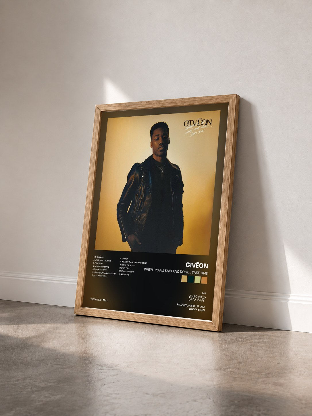 #bois Tableau de l'album When It's All Said And Done... Take Time de GIVĒON vu de trois quarts, cadre en bois brut