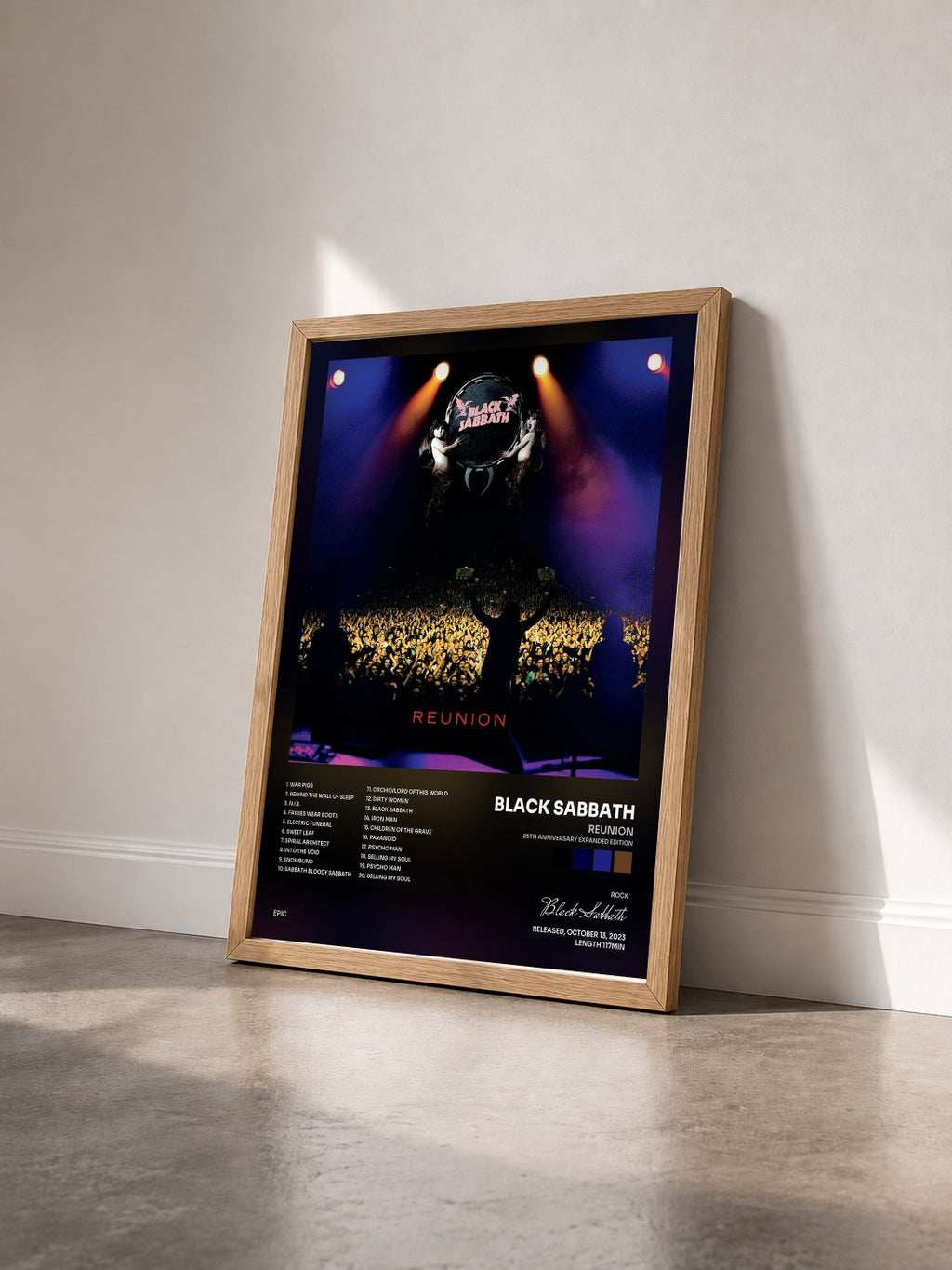#bois Tableau de l'album Reunion (25th Anniversary Expanded Edition) de Black Sabbath vu de trois quarts, cadre en bois brut