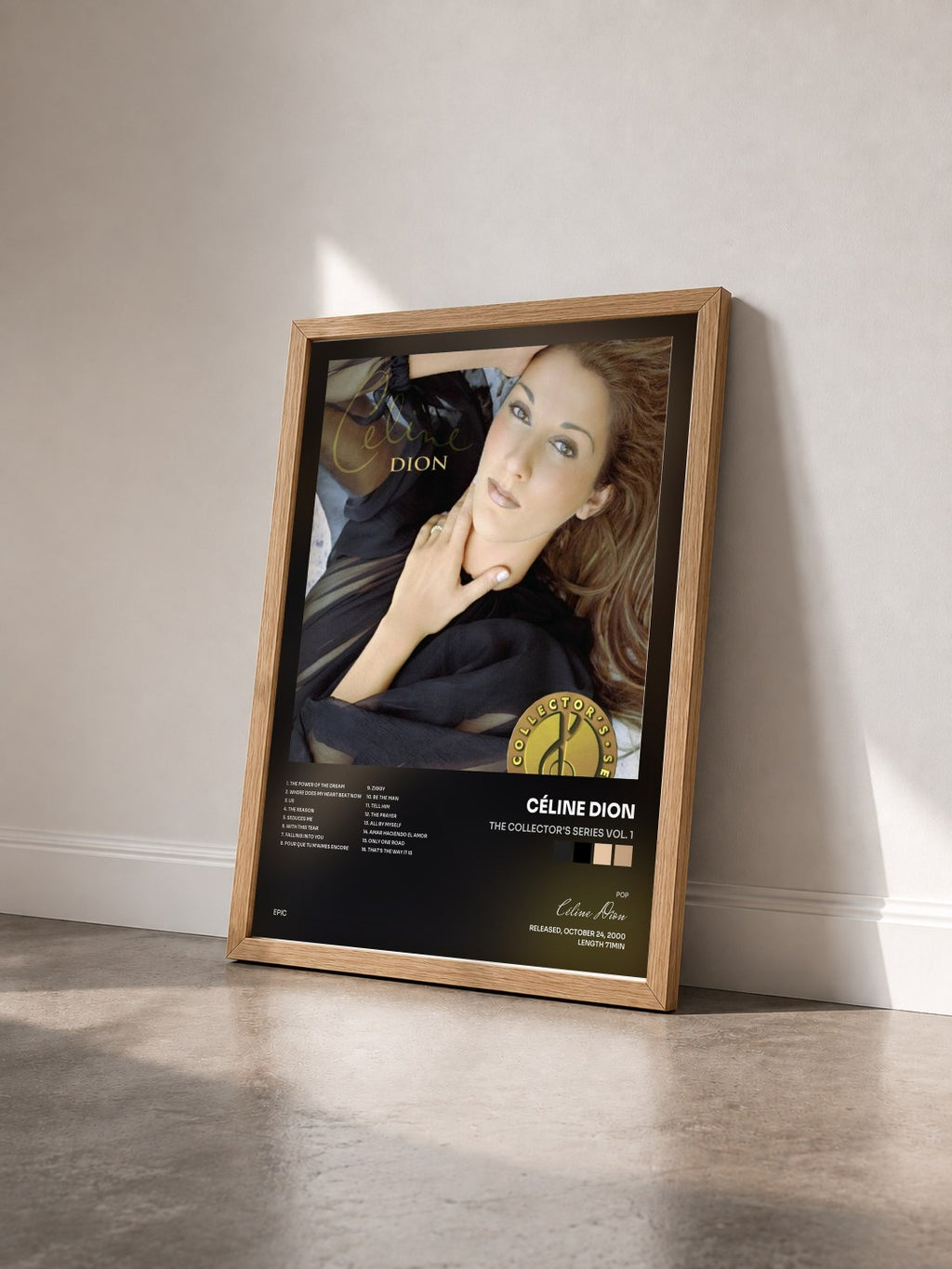 #bois Tableau de l'album The Collector's Series Vol. 1 de Céline Dion vu de trois quarts, cadre en bois brut