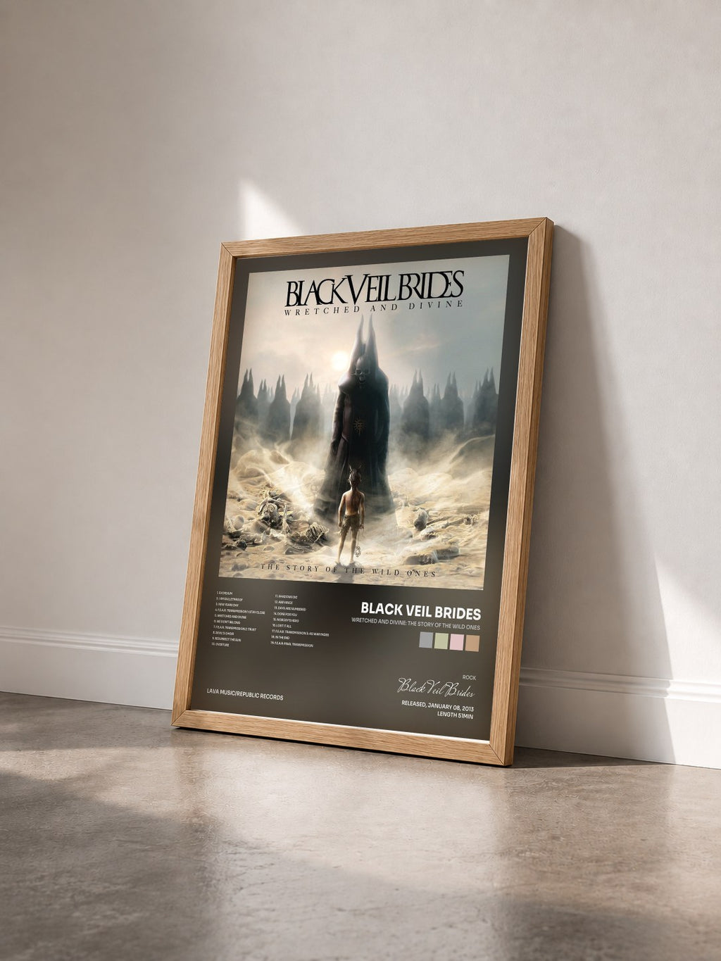 #bois Tableau de l'album Wretched And Divine: The Story Of The Wild Ones de Black Veil Brides vu de trois quarts, cadre en bois brut
