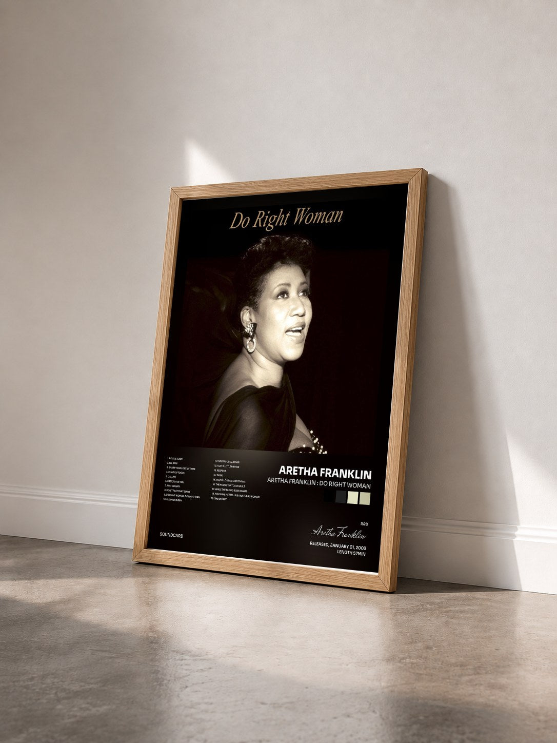 #bois Tableau de l'album Aretha Franklin : Do Right Woman de Aretha Franklin vu de trois quarts, cadre en bois brut