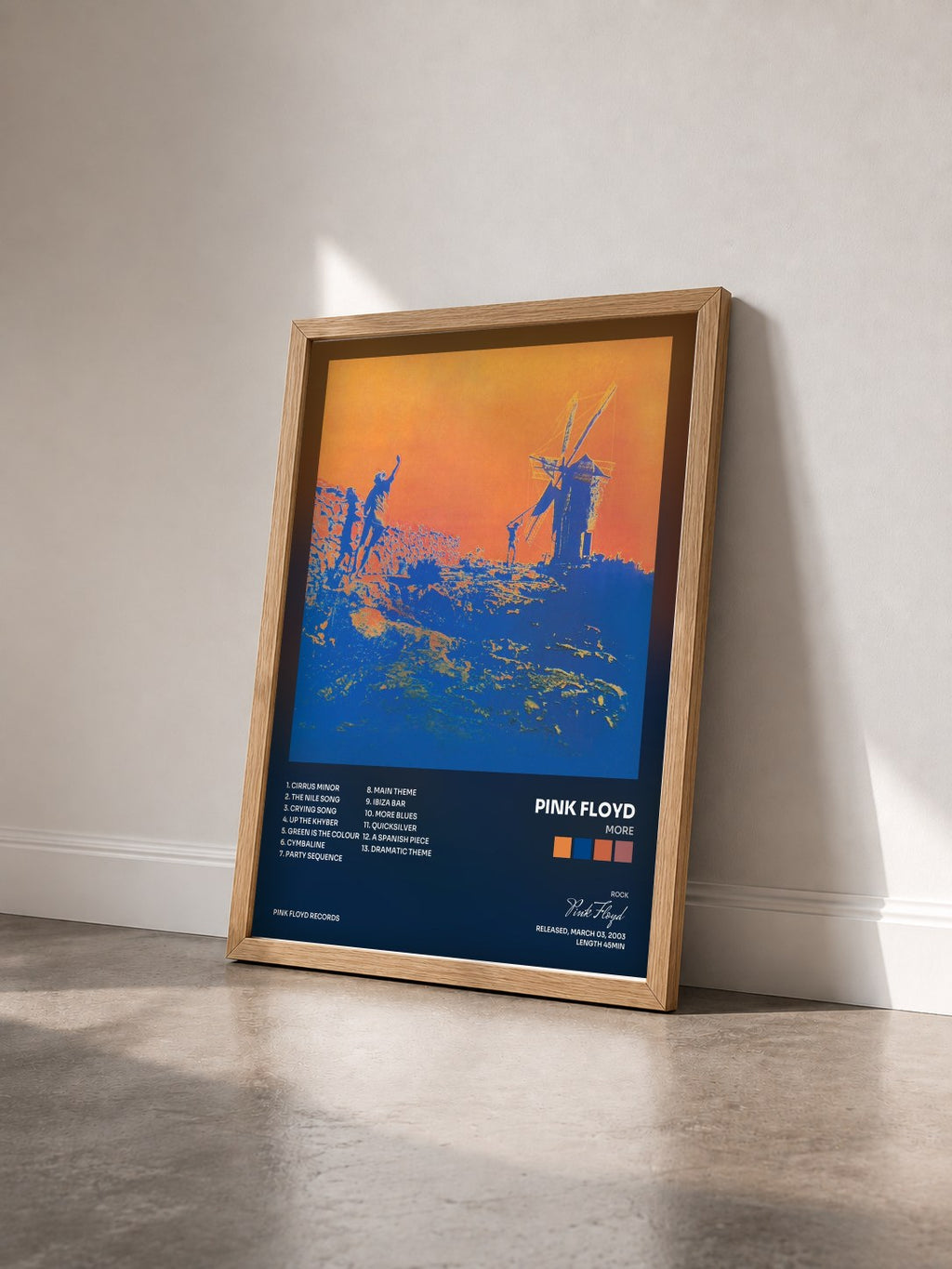 #bois Tableau de l'album More de Pink Floyd vu de trois quarts, cadre en bois brut