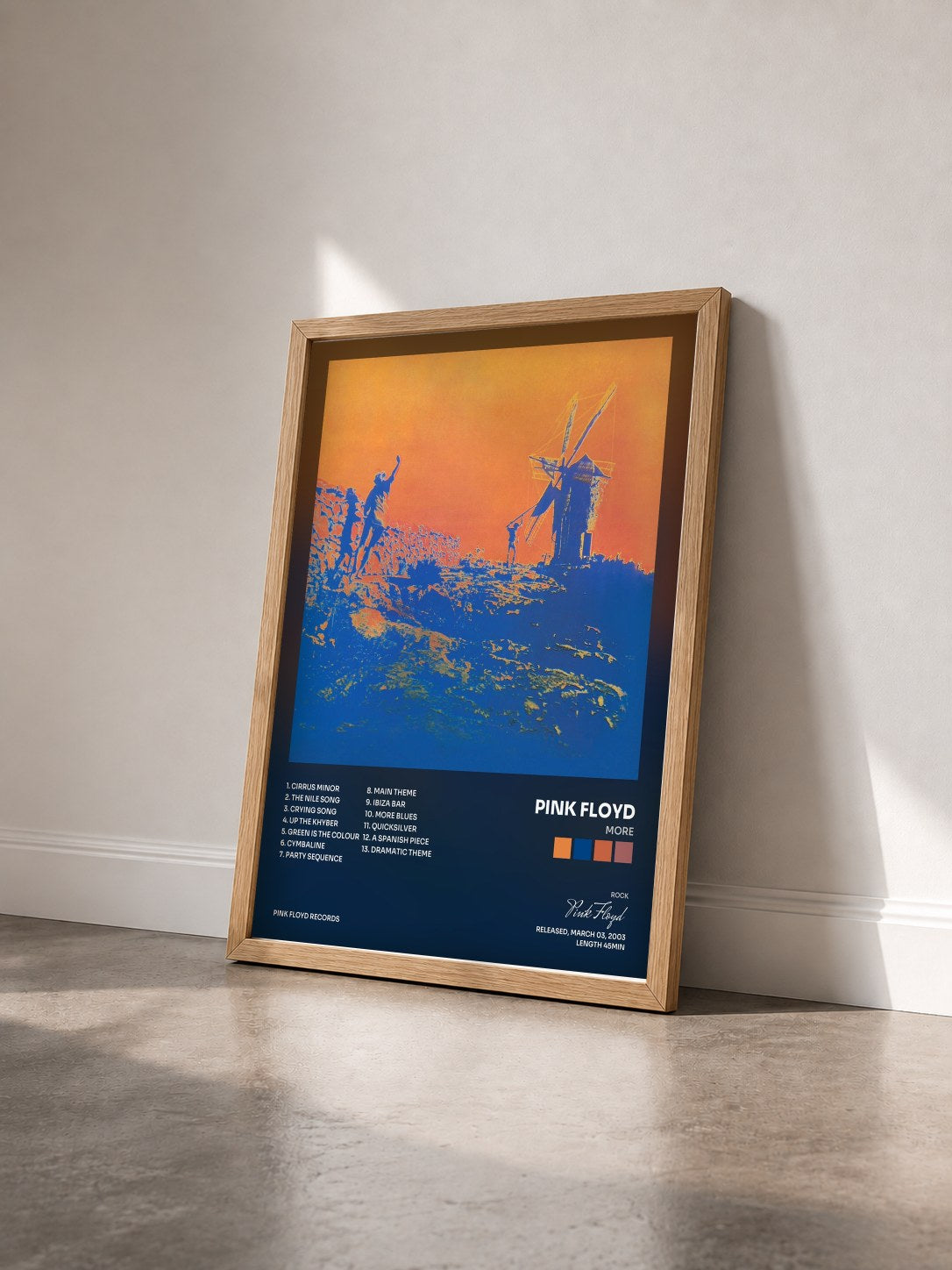 #bois Tableau de l'album More de Pink Floyd vu de trois quarts, cadre en bois brut