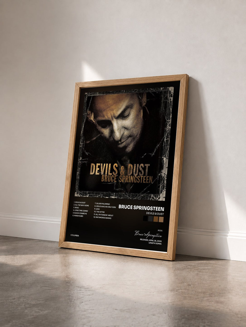 #bois Tableau de l'album Devils & Dust de Bruce Springsteen vu de trois quarts, cadre en bois brut