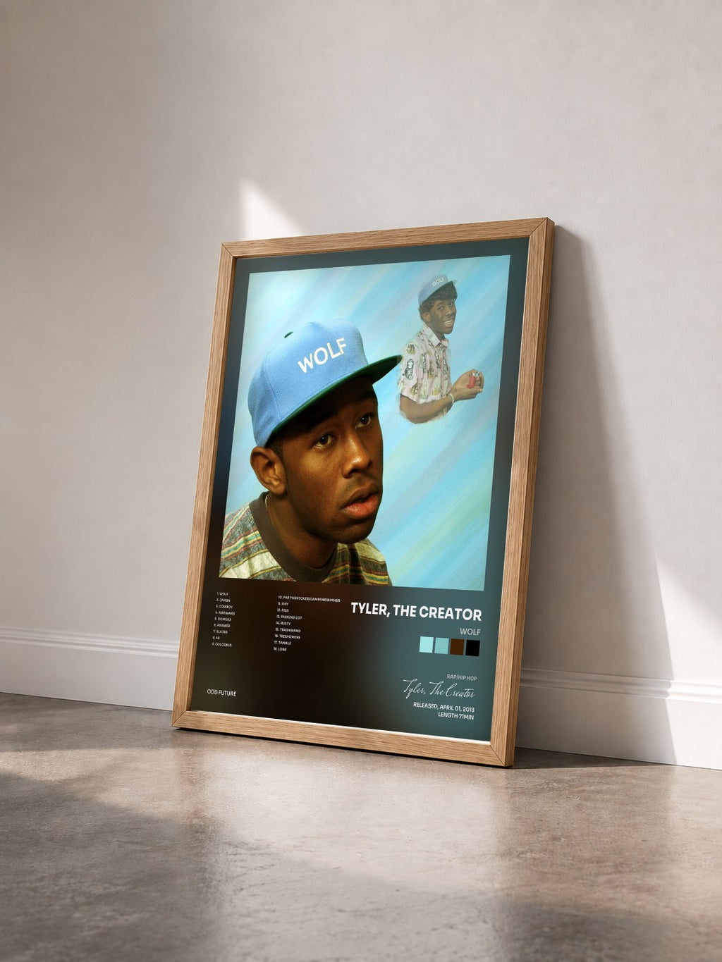 #bois Tableau de l'album Wolf de Tyler, The Creator vu de trois quarts, cadre en bois brut
