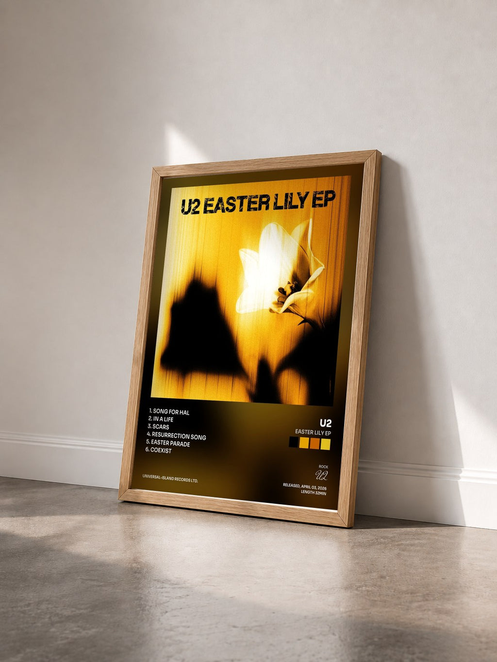 #bois Tableau de l'album Easter Lily EP de U2 vu de trois quarts, cadre en bois brut