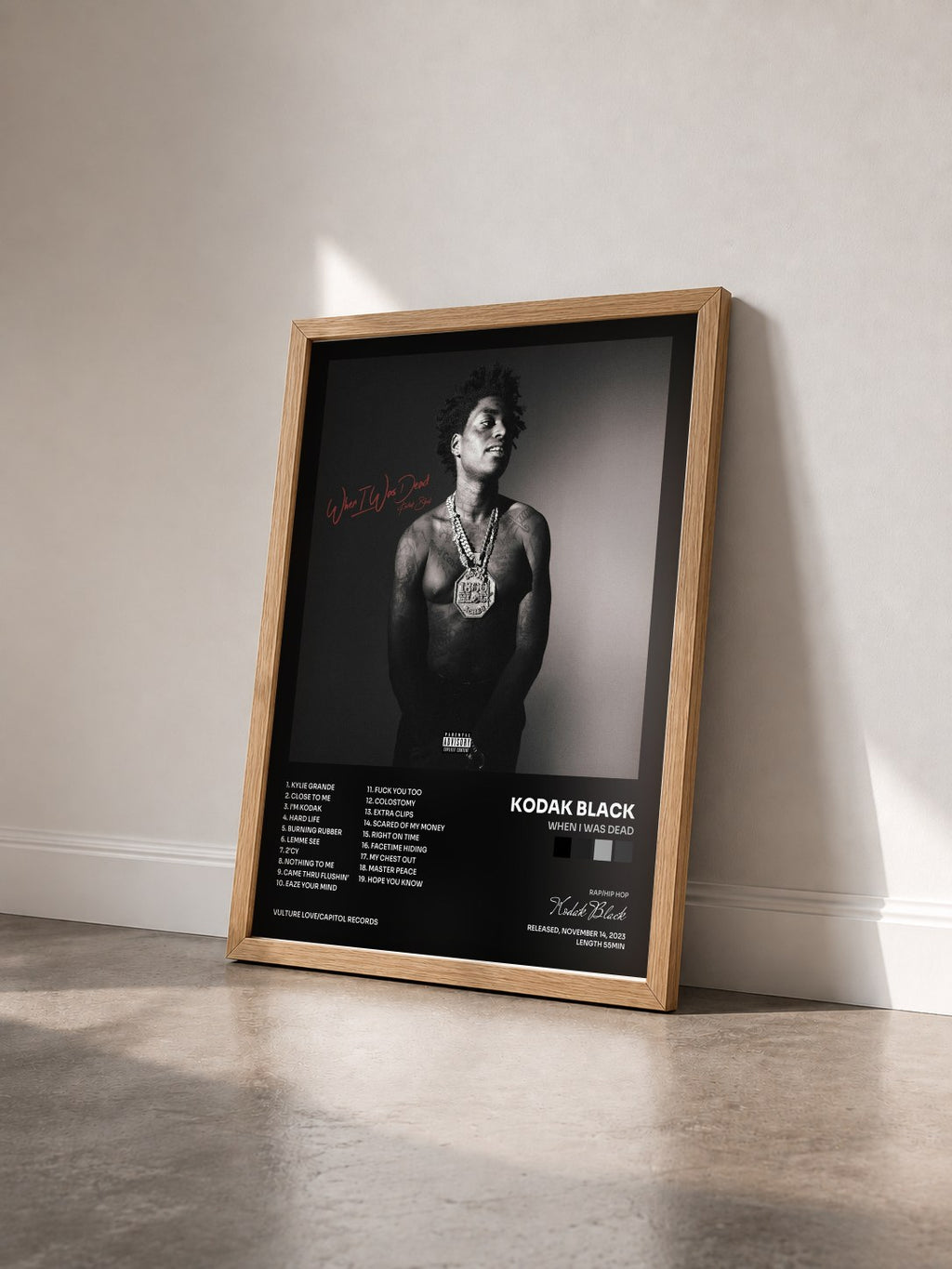 #bois Tableau de l'album When I Was Dead de Kodak Black vu de trois quarts, cadre en bois brut