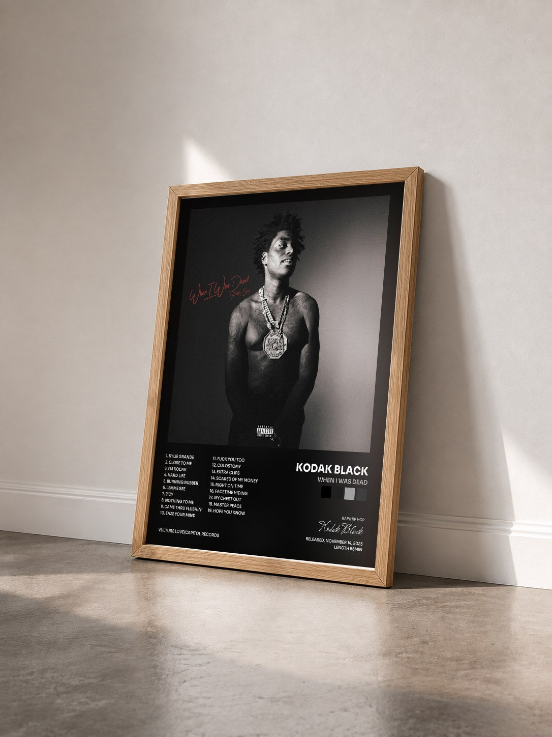 #bois Tableau de l'album When I Was Dead de Kodak Black vu de trois quarts, cadre en bois brut