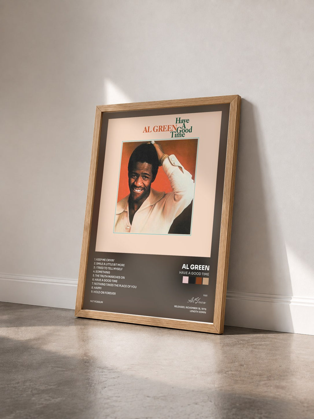 #bois Tableau de l'album Have a Good Time de Al Green vu de trois quarts, cadre en bois brut