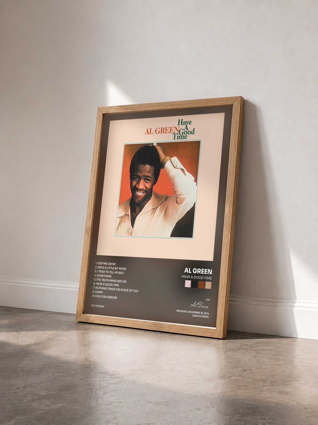 #bois Tableau de l'album Have a Good Time de Al Green vu de trois quarts, cadre en bois brut