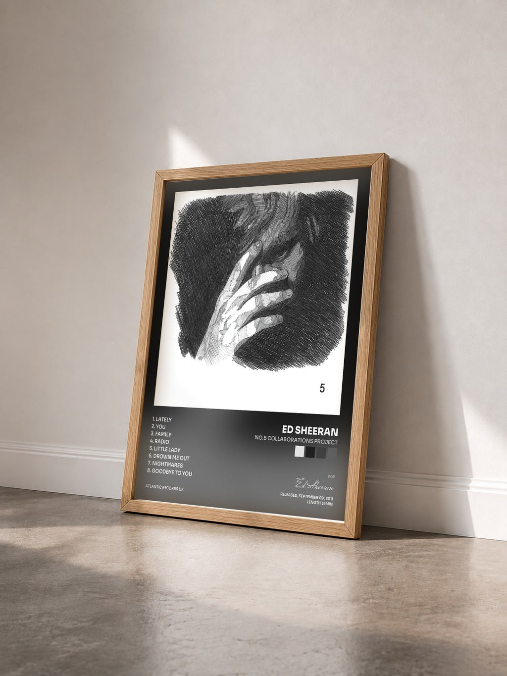 #bois Tableau de l'album No.5 Collaborations Project de Ed Sheeran vu de trois quarts, cadre en bois brut