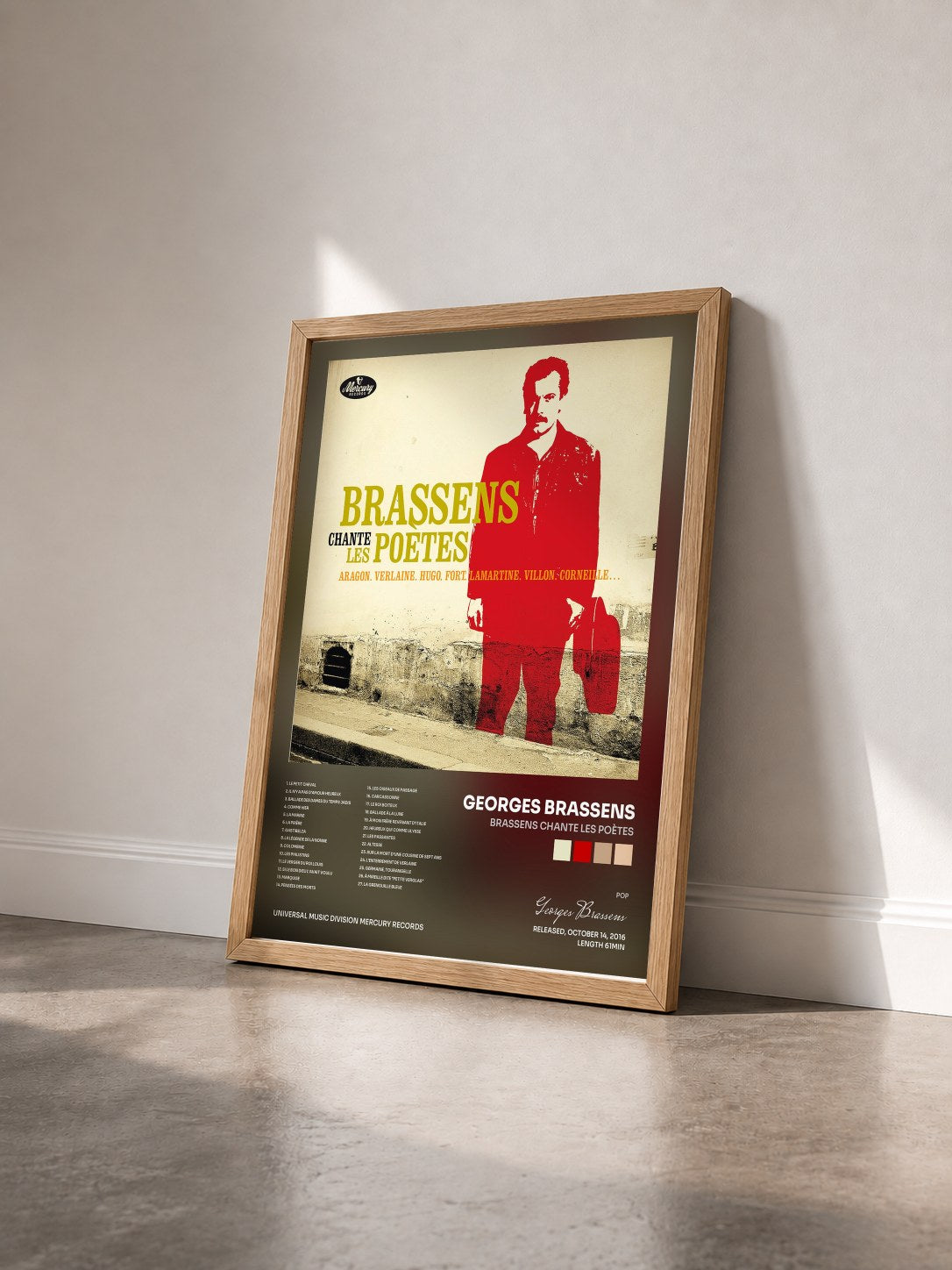 #bois Tableau de l'album Brassens chante les poètes de Georges Brassens vu de trois quarts, cadre en bois brut