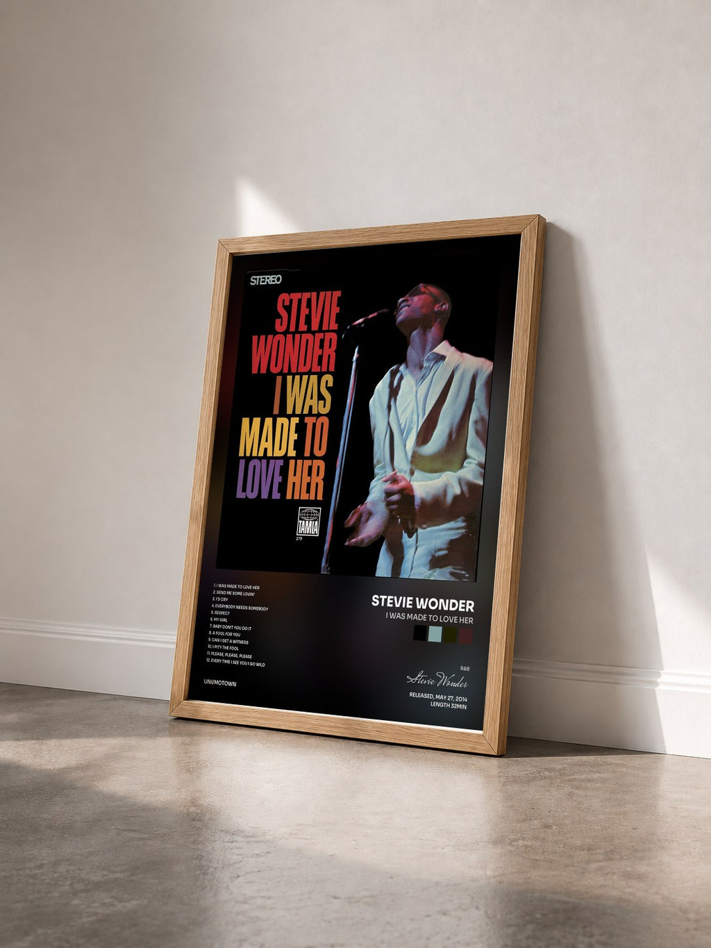 #bois Tableau de l'album I Was Made To Love Her de Stevie Wonder vu de trois quarts, cadre en bois brut