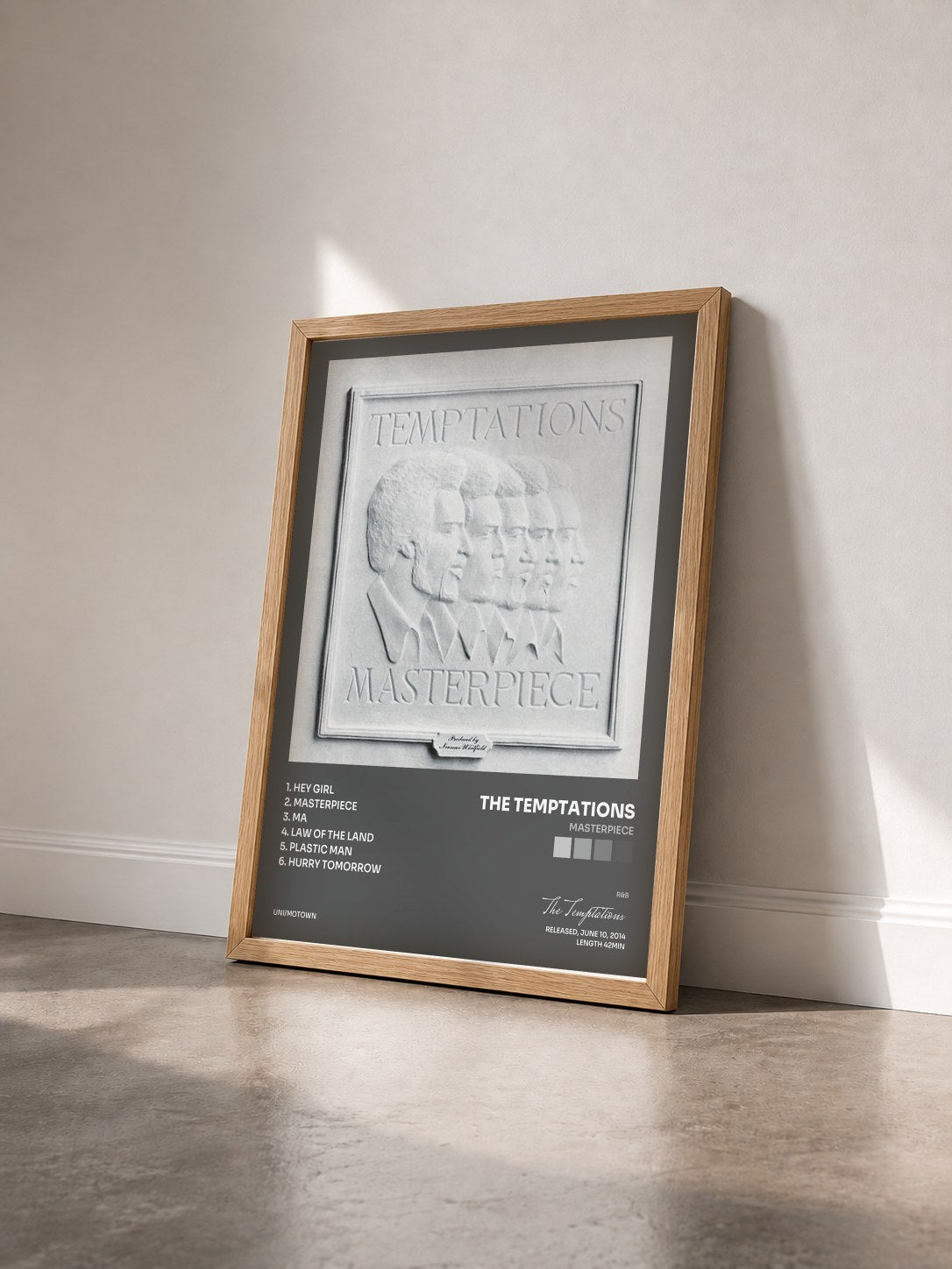 #bois Tableau de l'album Masterpiece de The Temptations vu de trois quarts, cadre en bois brut