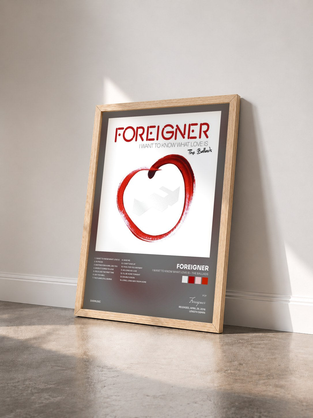 #bois Tableau de l'album I Want to Know What Love Is - The Ballads de Foreigner vu de trois quarts, cadre en bois brut