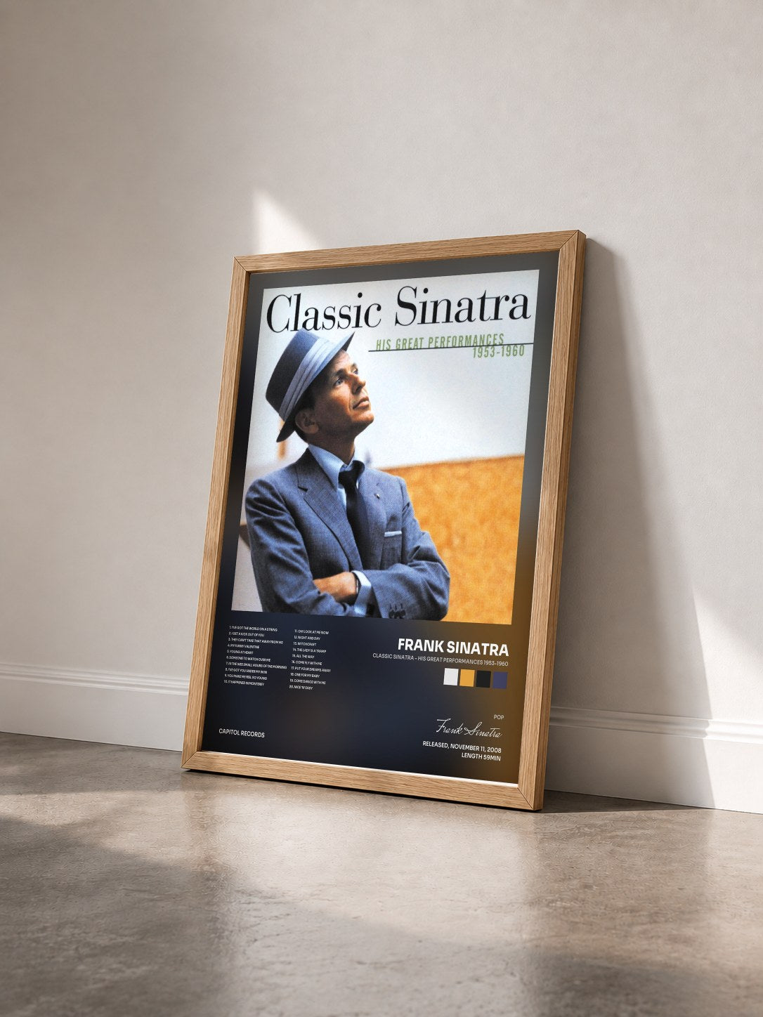 #bois Tableau de l'album Classic Sinatra - His Great Performances 1953-1960 de Frank Sinatra vu de trois quarts, cadre en bois brut