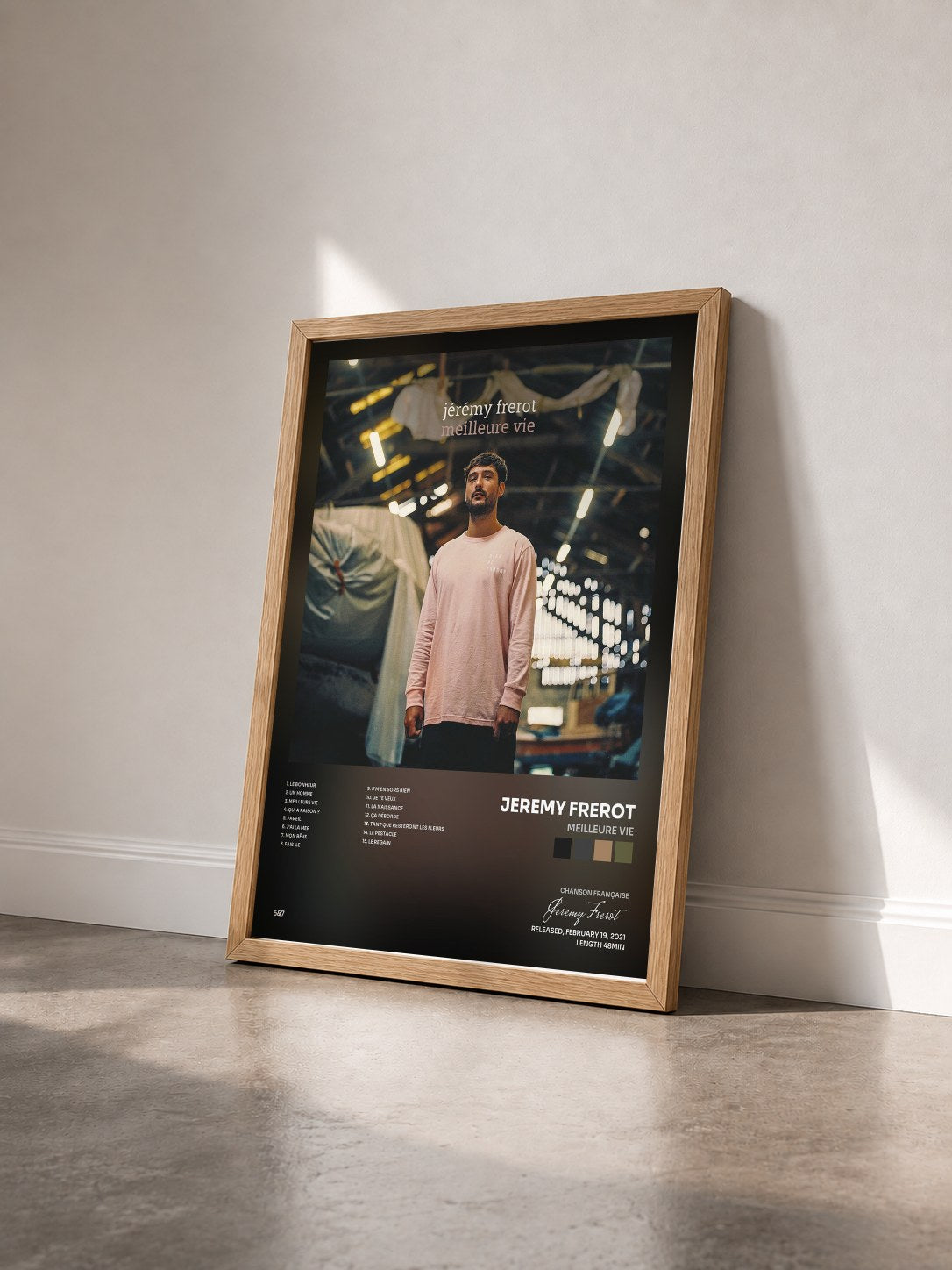 #bois Tableau de l'album Meilleure vie de Jeremy Frerot vu de trois quarts, cadre en bois brut