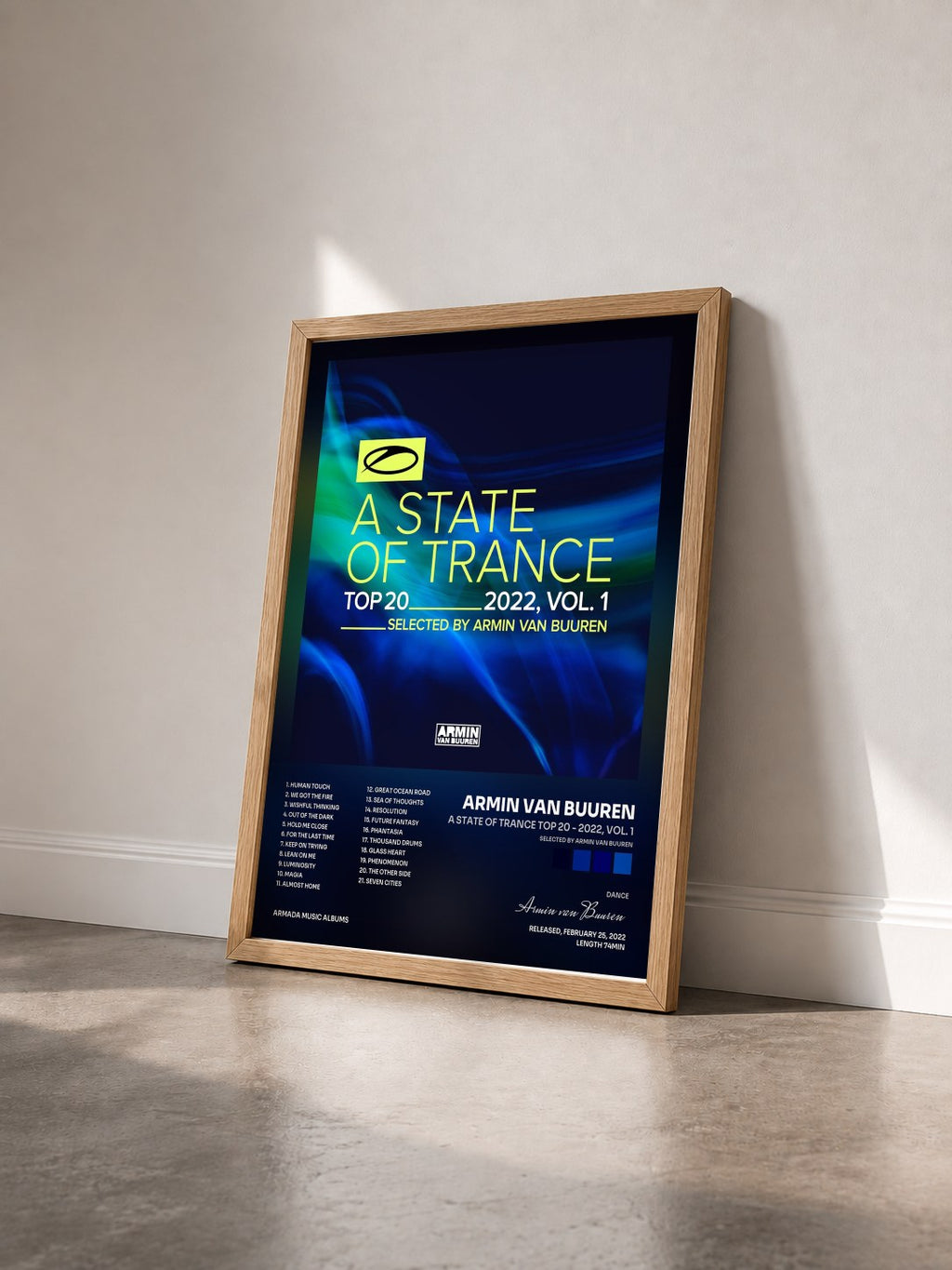 #bois Tableau de l'album A State Of Trance Top 20 - 2022, Vol. 1 (Selected by Armin van Buuren) de Armin van Buuren vu de trois quarts, cadre en bois brut