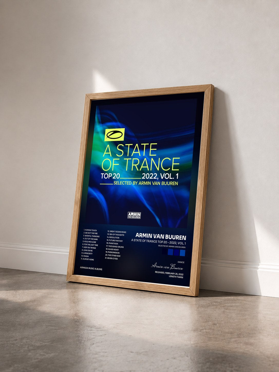 #bois Tableau de l'album A State Of Trance Top 20 - 2022, Vol. 1 (Selected by Armin van Buuren) de Armin van Buuren vu de trois quarts, cadre en bois brut