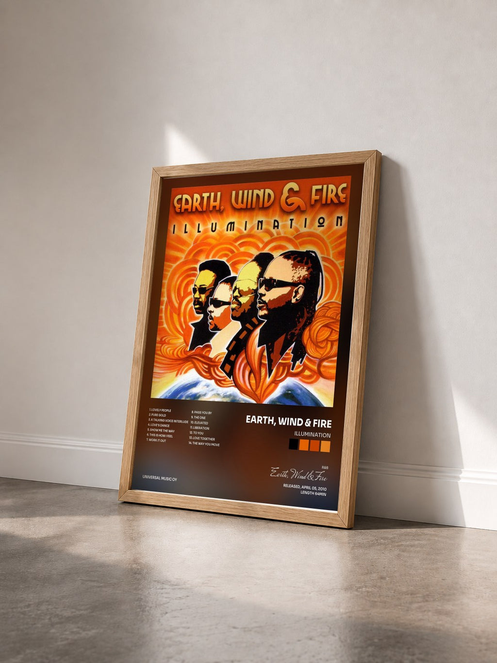 #bois Tableau de l'album Illumination de Earth, Wind & Fire vu de trois quarts, cadre en bois brut