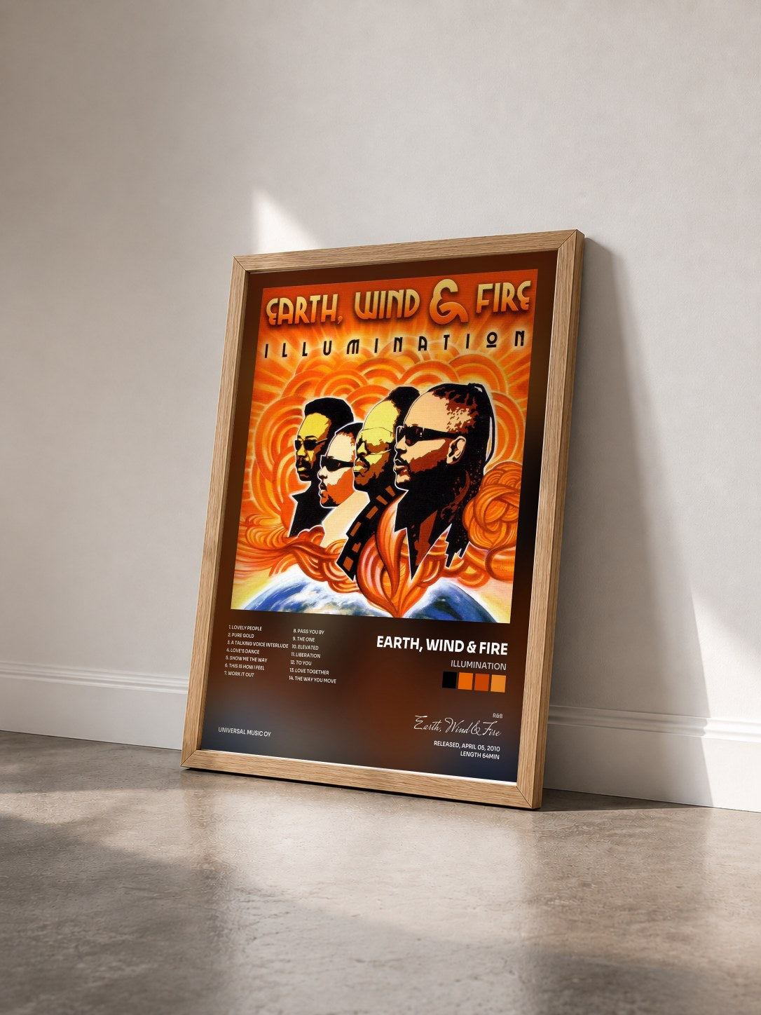 #bois Tableau de l'album Illumination de Earth, Wind & Fire vu de trois quarts, cadre en bois brut