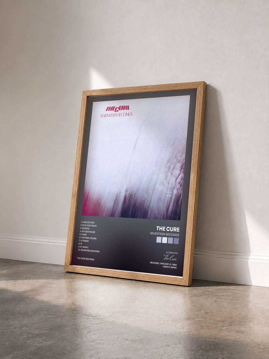 #bois Tableau de l'album Seventeen Seconds de The Cure vu de trois quarts, cadre en bois brut