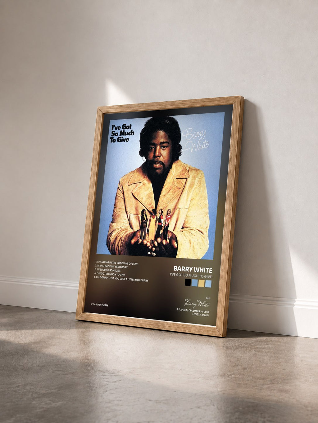#bois Tableau de l'album I've Got So Much To Give de Barry White vu de trois quarts, cadre en bois brut