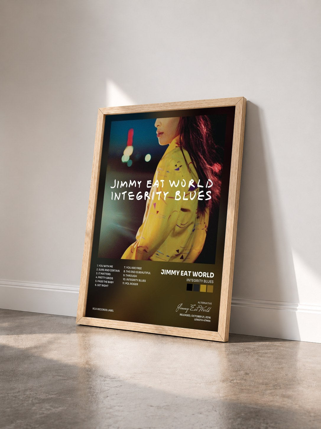 #bois Tableau de l'album Integrity Blues de Jimmy Eat World vu de trois quarts, cadre en bois brut