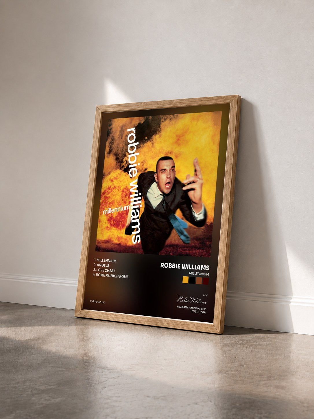 #bois Tableau de l'album Millennium de Robbie Williams vu de trois quarts, cadre en bois brut