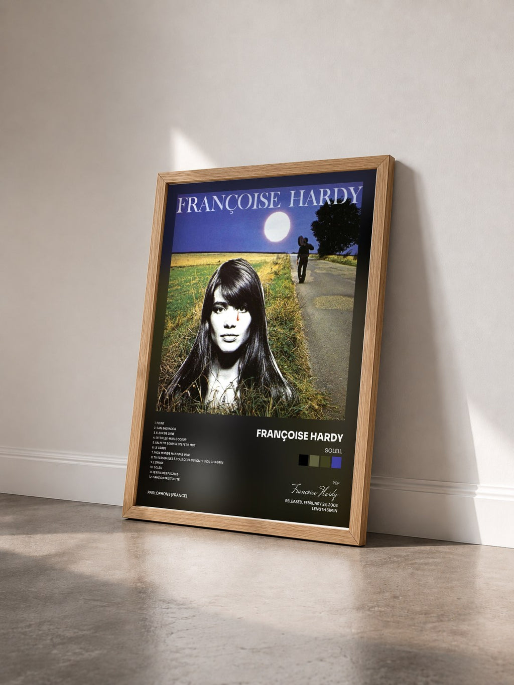 #bois Tableau de l'album Soleil de Françoise Hardy vu de trois quarts, cadre en bois brut