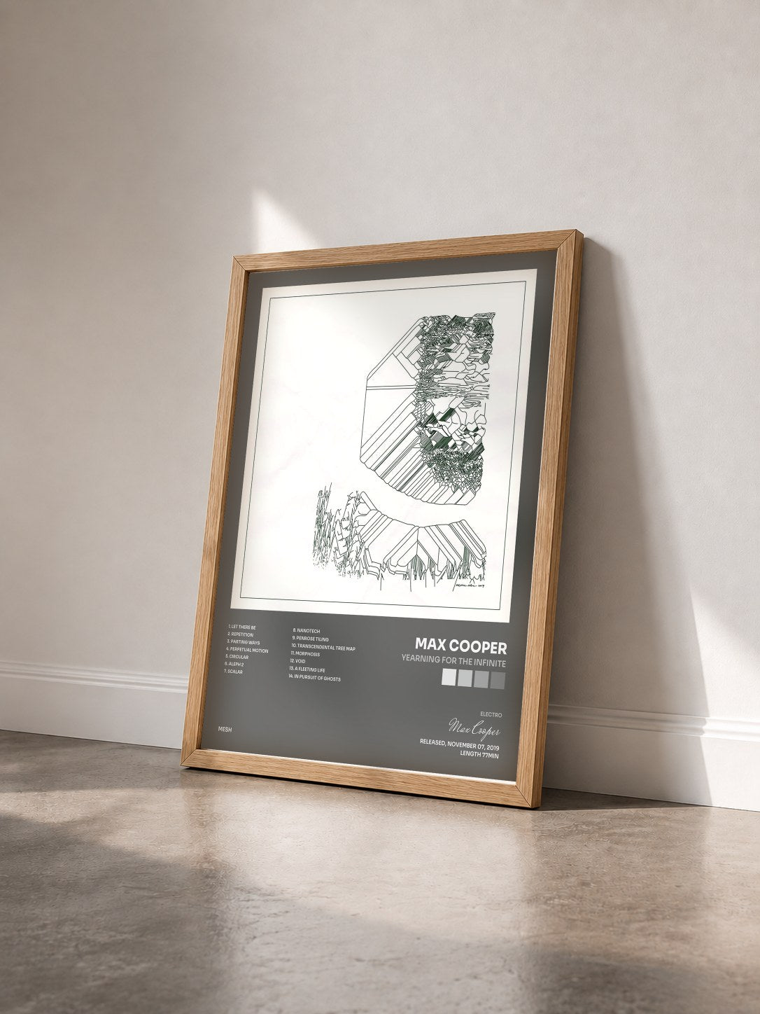 #bois Tableau de l'album Yearning for the Infinite de Max Cooper vu de trois quarts, cadre en bois brut