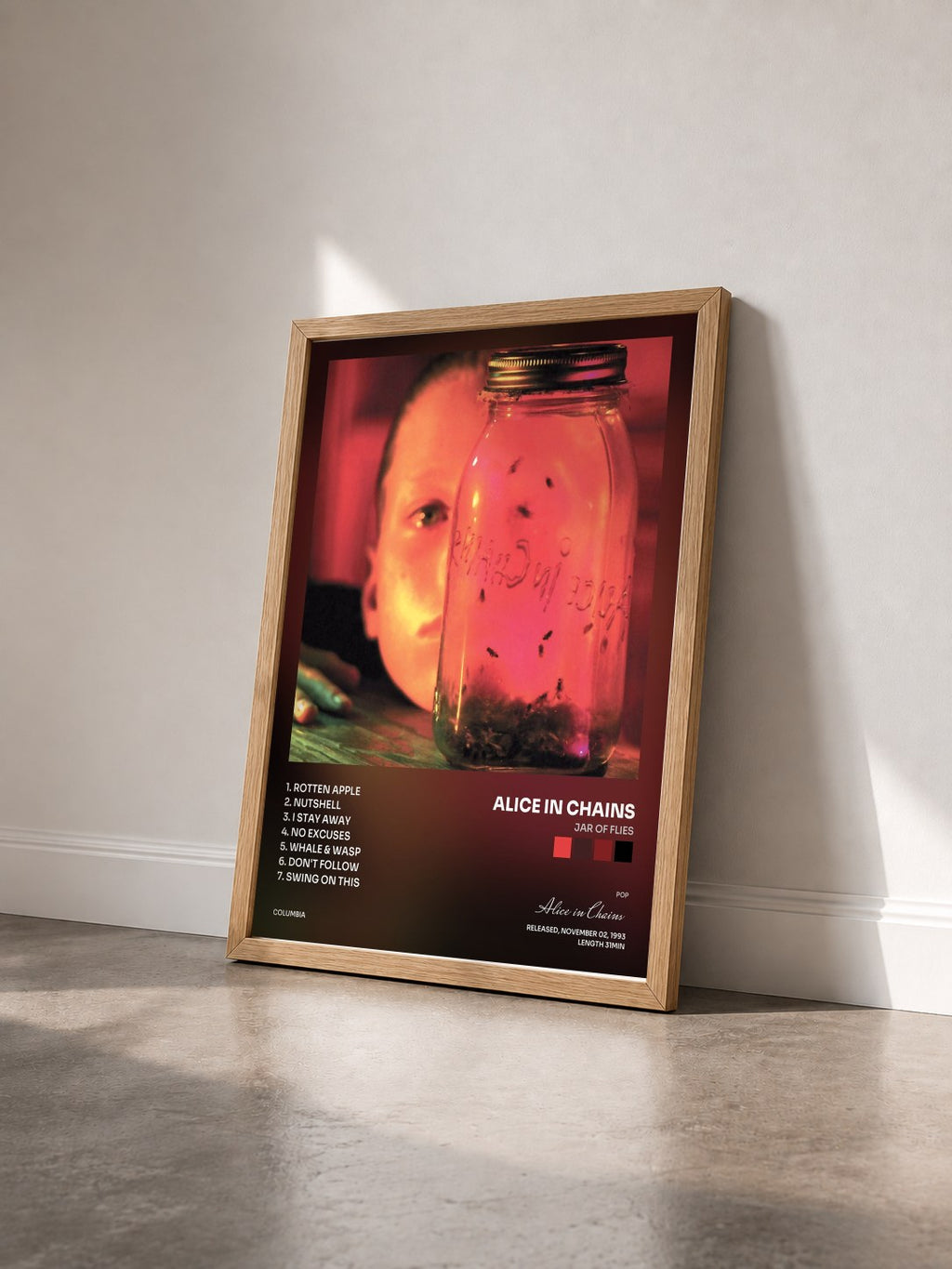#bois Tableau de l'album Jar Of Flies de Alice in Chains vu de trois quarts, cadre en bois brut