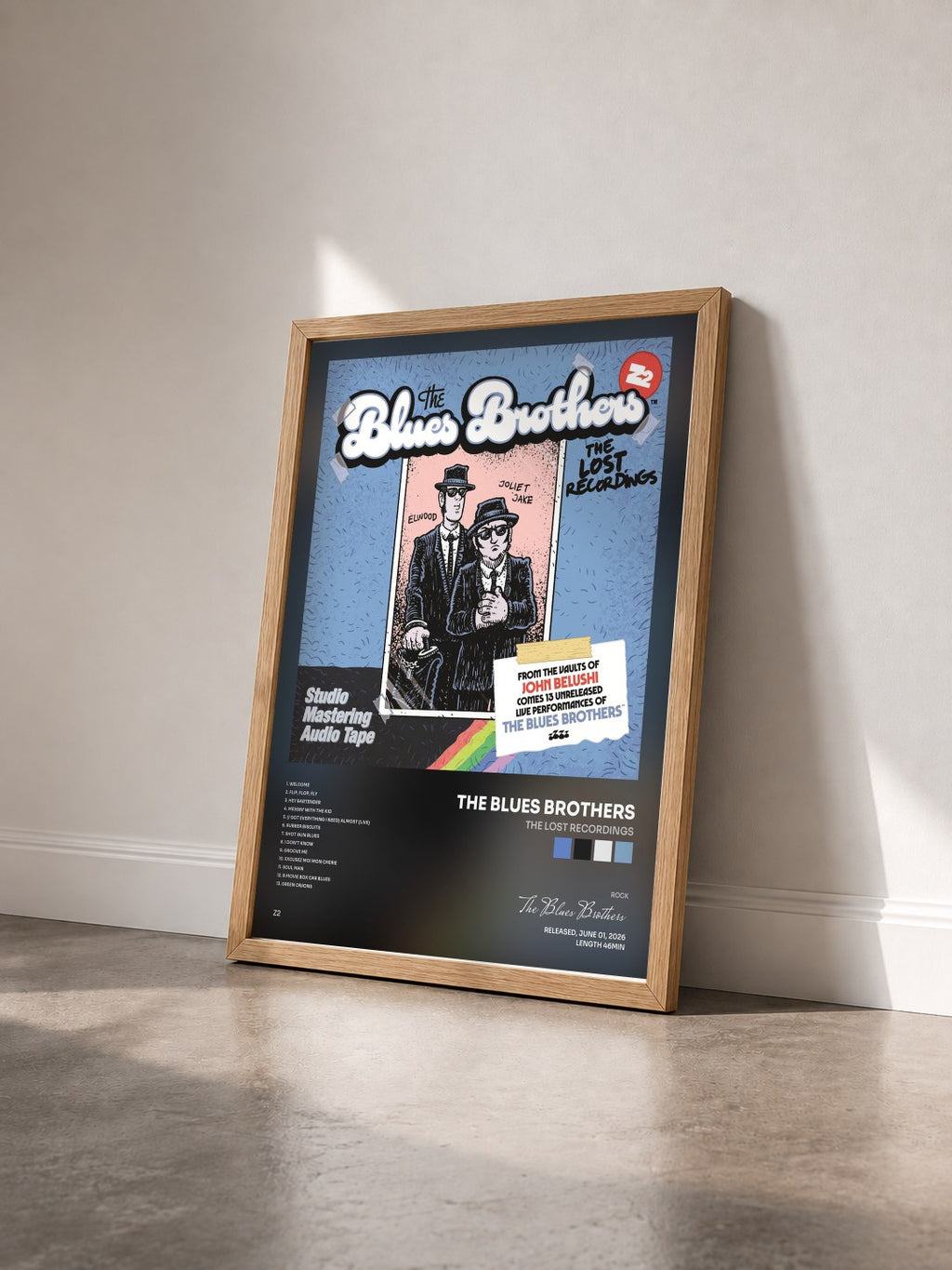 #bois Tableau de l'album The Lost Recordings de The Blues Brothers vu de trois quarts, cadre en bois brut