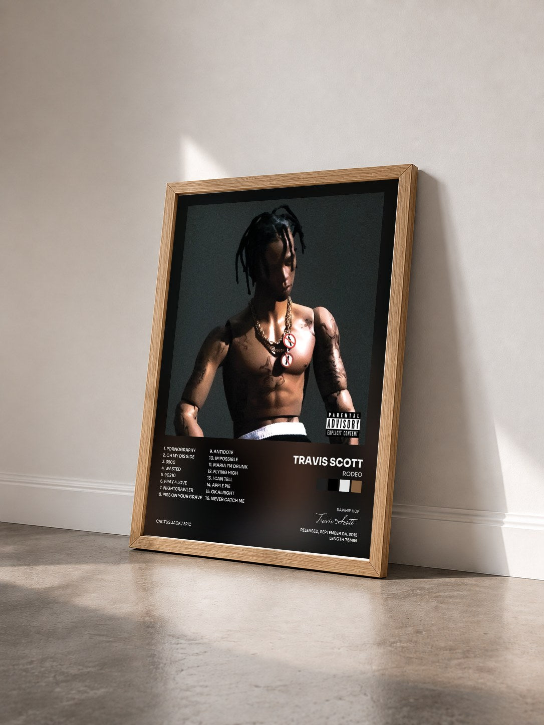 #bois Tableau de l'album Rodeo de Travis Scott vu de trois quarts, cadre en bois brut