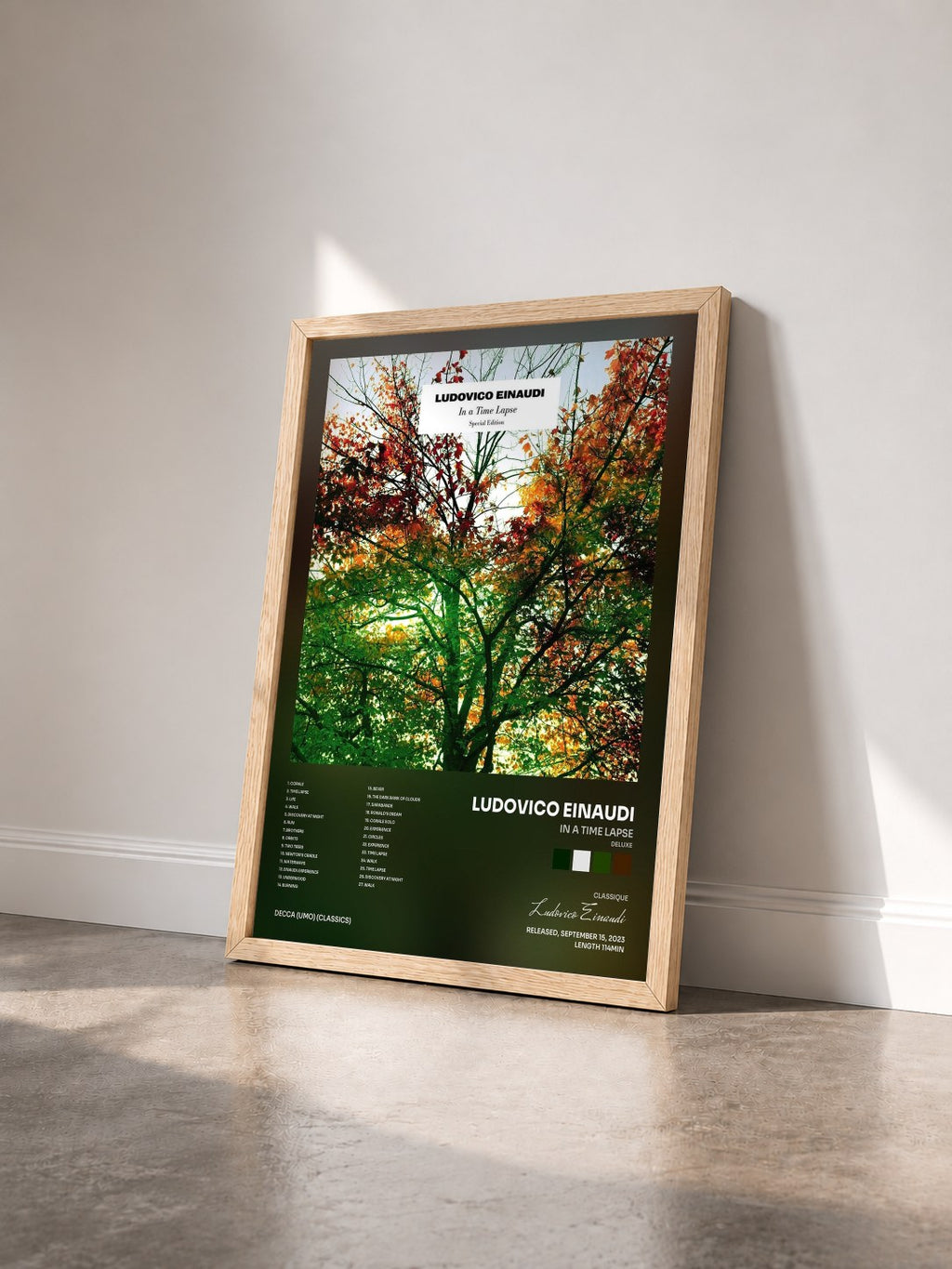 #bois Tableau de l'album In A Time Lapse (Deluxe) de Ludovico Einaudi vu de trois quarts, cadre en bois brut