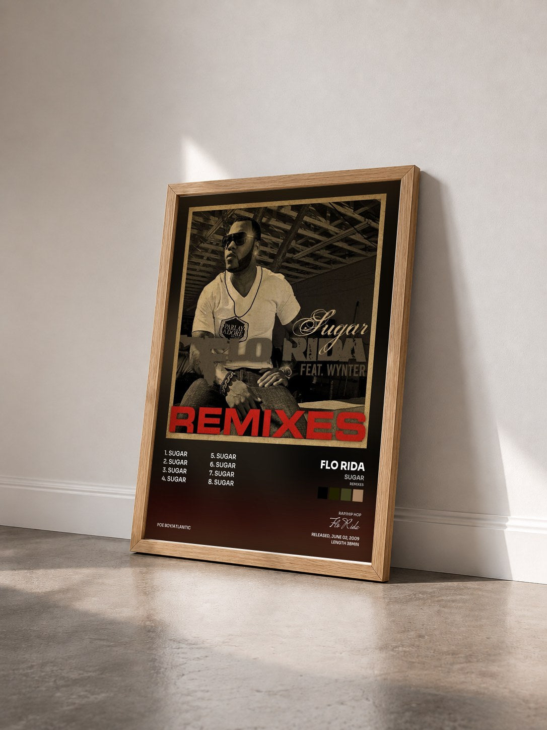 #bois Tableau de l'album Sugar (Remixes) de Flo Rida vu de trois quarts, cadre en bois brut