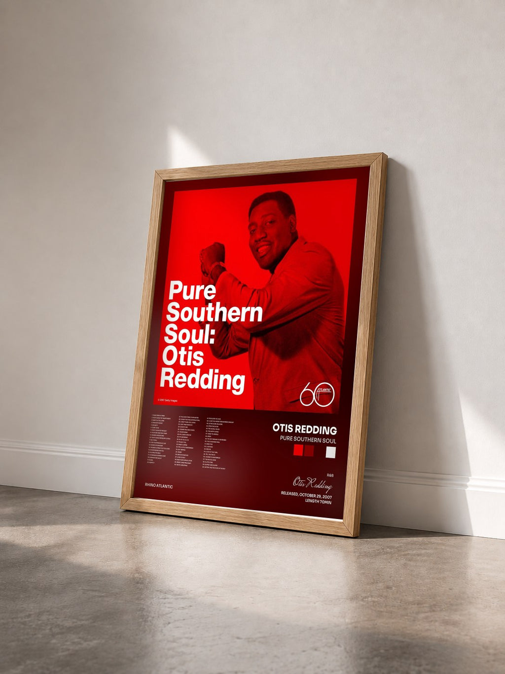 #bois Tableau de l'album Pure Southern Soul de Otis Redding vu de trois quarts, cadre en bois brut