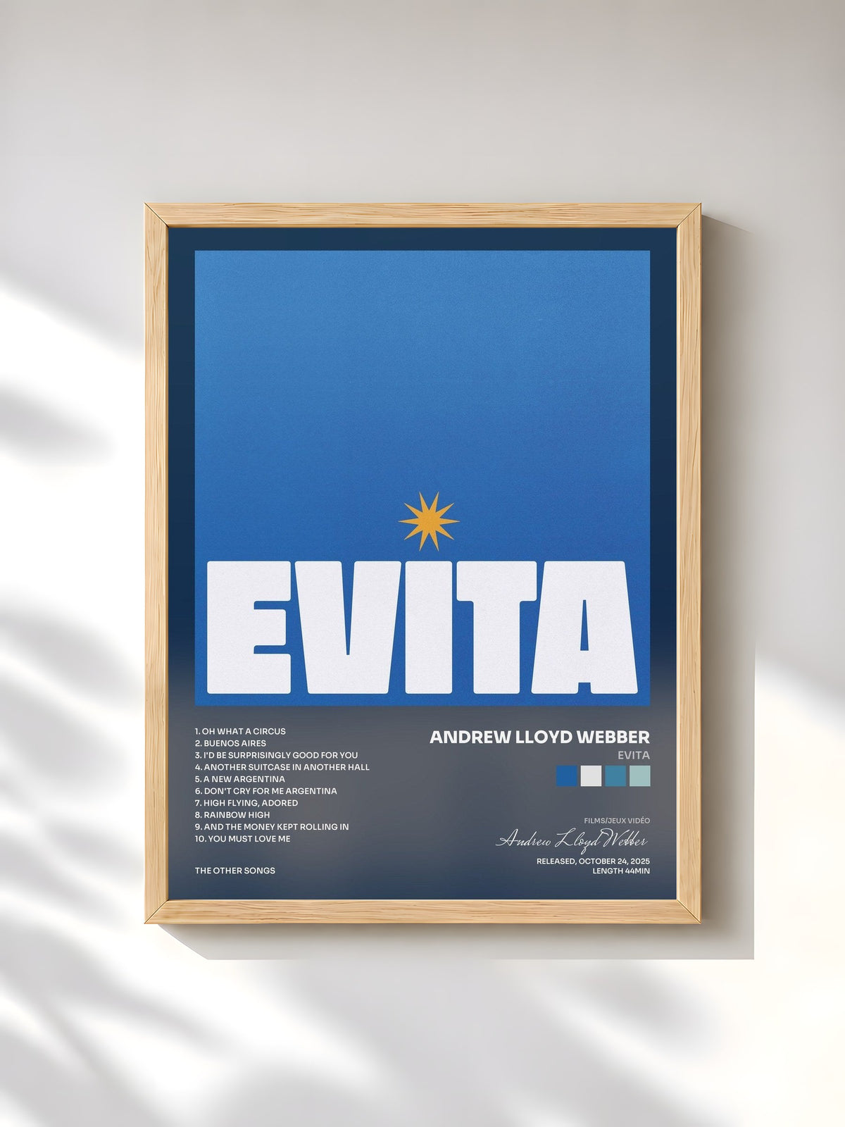 #bois Tableau de l'album EVITA de Andrew Lloyd Webber, cadre en bois brut, imprimé et encadré en France