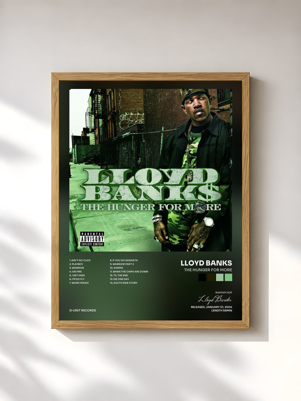 #bois Tableau de l'album The Hunger For More de Lloyd Banks, cadre en bois brut, imprimé et encadré en France