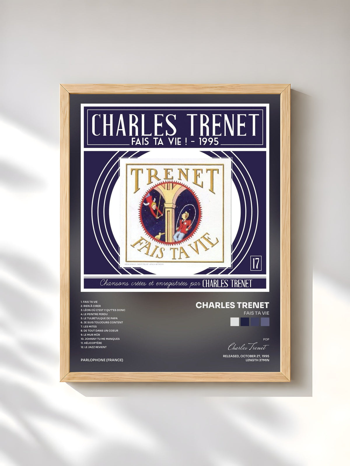 #bois Tableau de l'album Fais ta vie de Charles Trenet, cadre en bois brut, imprimé et encadré en France